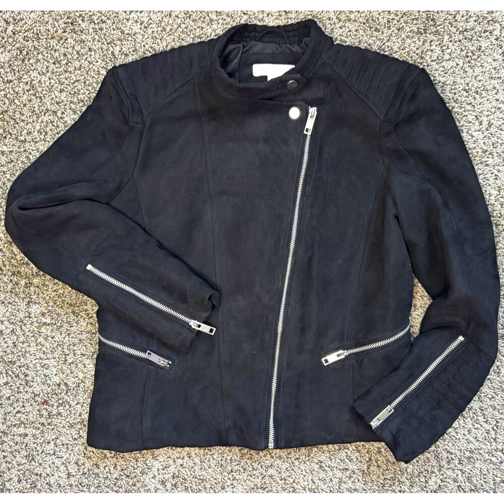 H&M Black Biker Jacket Women’s Size 12 Zip Front Zipper Accents Lined Short